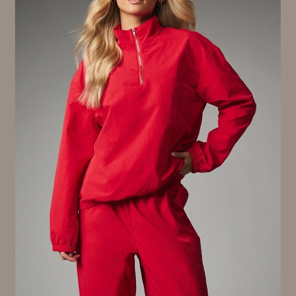 Red Woven Quarter Zip Funnel Neck Lightweight Anorak Track Jacket